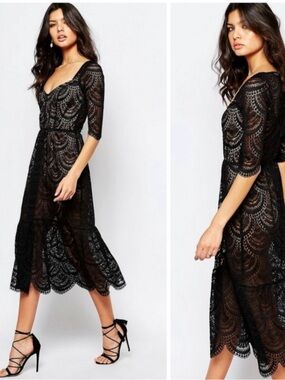For Love & Lemons Rosalita Midi Dress – Size XS Lace Black & Nude